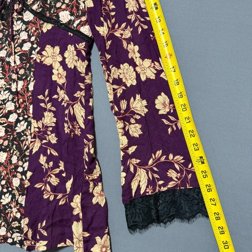 Free People Odette Floral Lace Tunic Top Medium Espresso Purple Boho Bell Sleeve